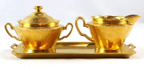 3 Pc. Pickard/Stouffer Kgl Priv Gold Plated Cream & Sugar Set