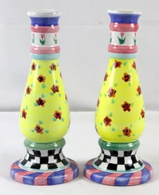 Possibly Mackenzie Childs Hand-Painted Porcelain Candle Holders