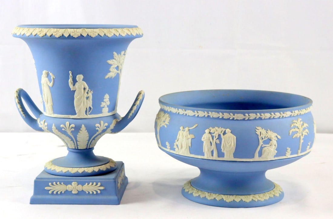 2 Pc. Wedgwood Jasperware Bowl & Urn: 2 Pc. Wedgwood Jasperware Bowl & Lidded Urn. Includes: - One Pedestal Campagna Urn with lid, measuring approx. - 9" H x 7 1/2" W x 7" Dia. - One footed bowl measuring approx. - 5 1/4" H x 8" Dia. Mark