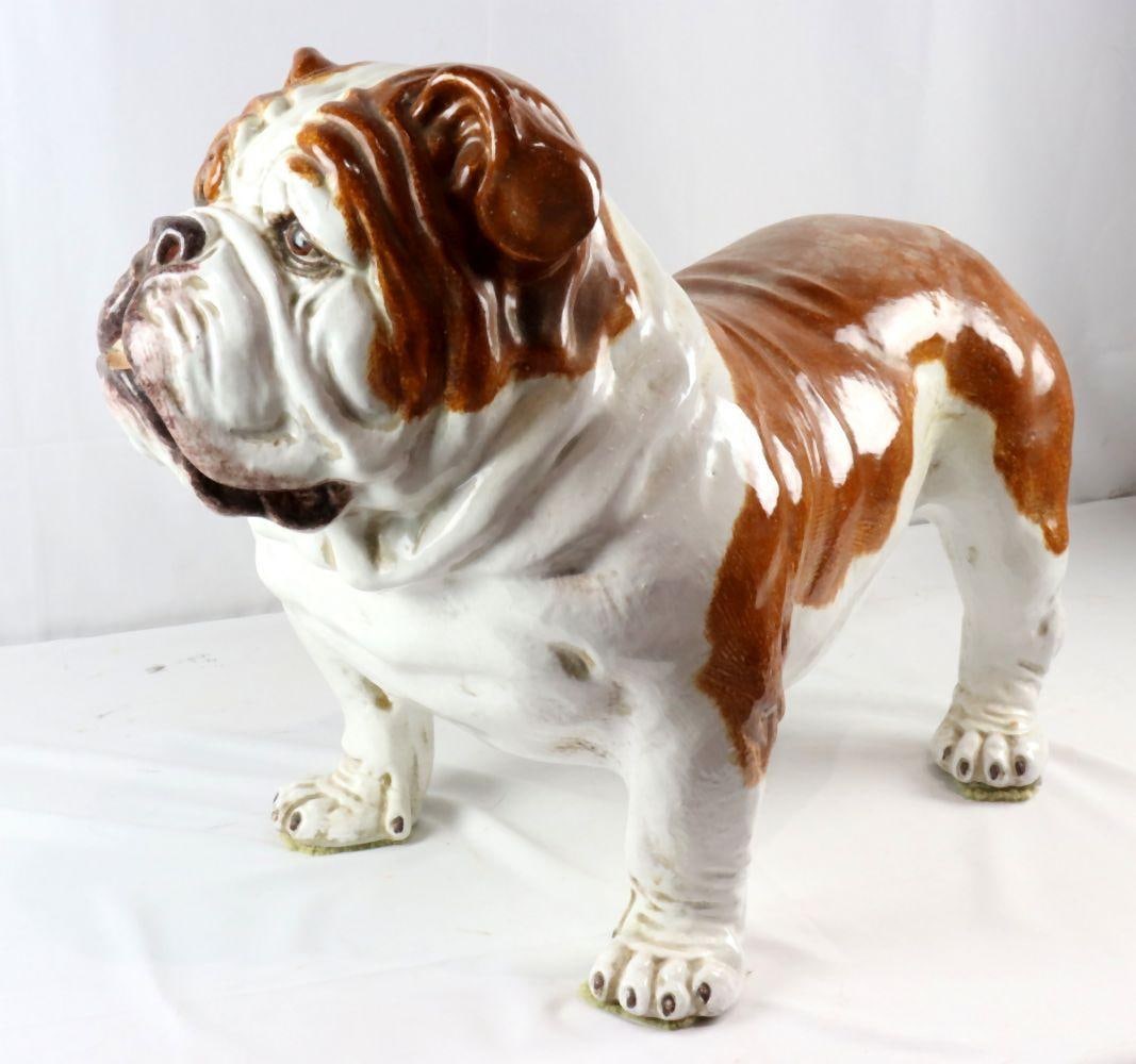 Italian Life Sized Ceramic Bulldog Sculpture: Italian Vintage Life Sized Ceramic Bulldog Sculpture. Unmarked, possibly Italian. Measures approx. - 30" L x 20" H x 14" W. Condition - has a chip on lip, please see pictures. Have a simil