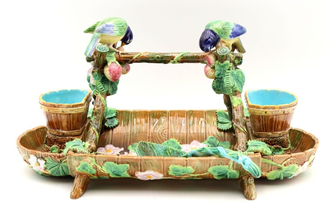 George Jones Majolica "Blue Tit" Strawberry Server Set