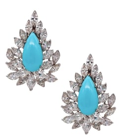 Platinum Turquoise & Diamond Cluster Clip Earrings