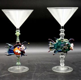 Pair of Teri Sokoloff Deep Sea Fish Martini Glasses