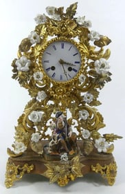 French Brass & Porcelain Figurine Mantel Clock
