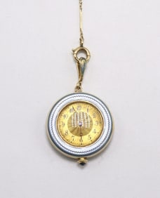 Antique Longines 14Kt Guilloche Enamel Pendant Watch with Chain