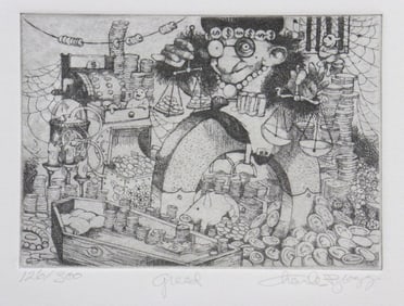 Charles Lynn Bragg "Greed" Etching on Paper
