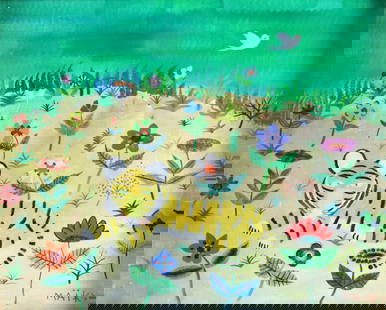 Henri Maik (French, 1922-1993) Oil Painting on Canvas: Henri Hecht Maik (French, 1922-1993) Landscape with Tiger, Flowers and Bird An oil painting on canvas by Henri Hecht Maik, dated 1979 and signed at the lower right. Measuring approximately 8 1/4 x 10