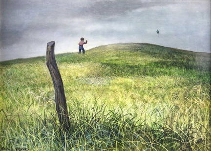 Robert Vickrey (American, 1926-2011) Oil Painting on Board: Robert Vickrey (American, 1926-2011) Child Flying a Kite An oil painting on board by Robert Vickrey, signed at the lower left. Measuring approximately 13 1/8 x 18 3/8 in. (19 1/2 x 24 1/2 in.