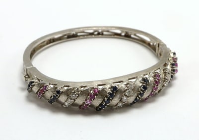 14Kt Diamond, Ruby & Sapphire Ladies Bangle Bracelet