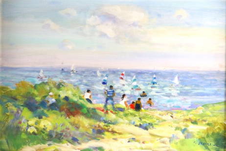 Gaston Sebire (French, 1920-2001) Oil Painting on Canvas: Gaston Sébire (French, 1920–2001) Beach Scene with Sailboats An oil painting on canvas by Gaston Sébire, signed at the lower right. Measuring approximately 19 x 28 in. (28 x 36 1/2 in. framed),