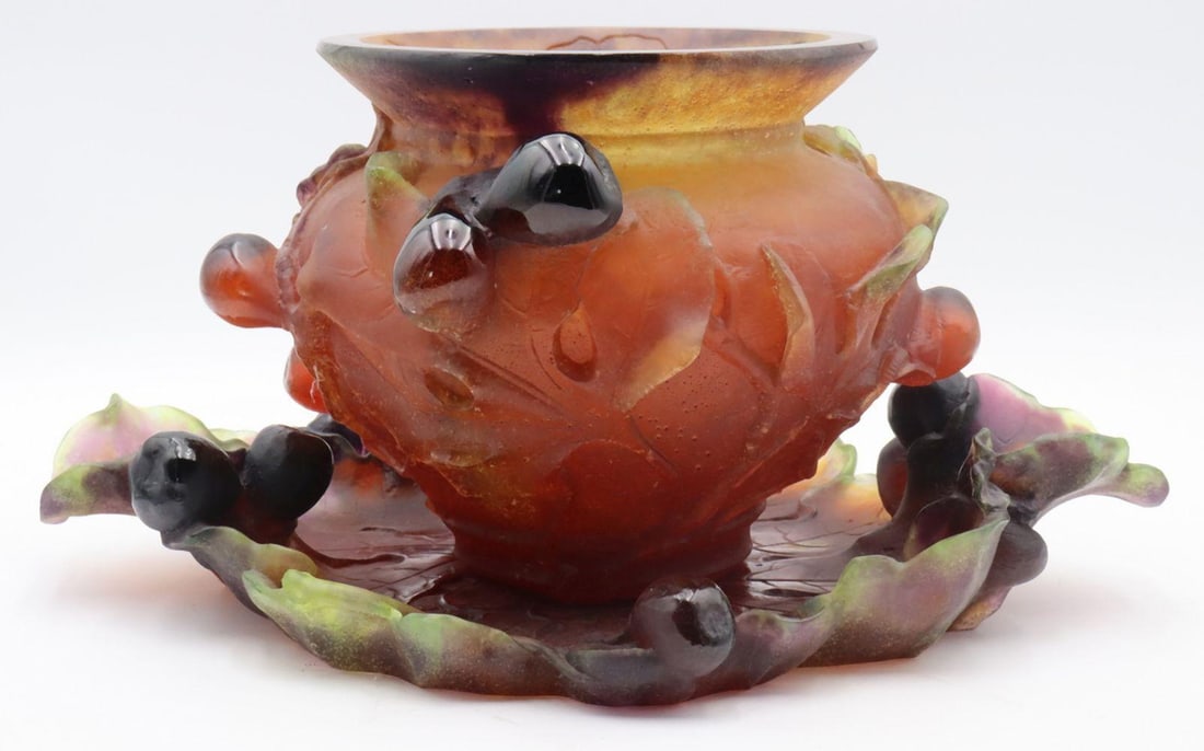 Daum France "Les Figues" Crystal Vase & Tray