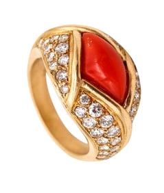 Vintage Cartier 18Kt Coral & Diamond Ladies Ring