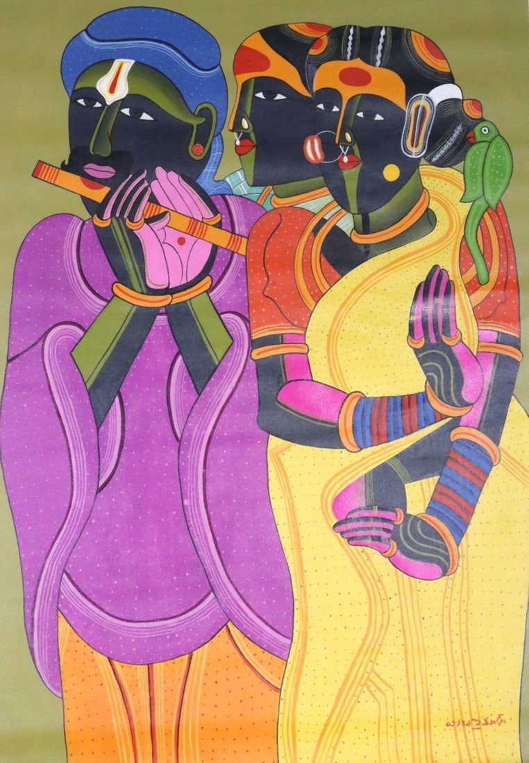 Attr. Thota Vaikuntam (Indian, B. 1942) Acrylic on Canvas: Attributed to Thota Vaikuntam (Indian, b. 1942) Untitled (Three Figures) Acrylic on Canvas An acrylic on canvas attributed to Thota Vaikuntam, signed lower right. Measuring approximately 50 x 36 1/2 i