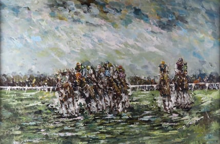 Signed Horse Race Oil Painting on Canvas