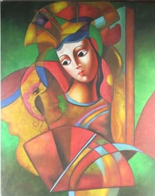 Danuta Erman Large Abstract Cubism Oil Painting on Canvas