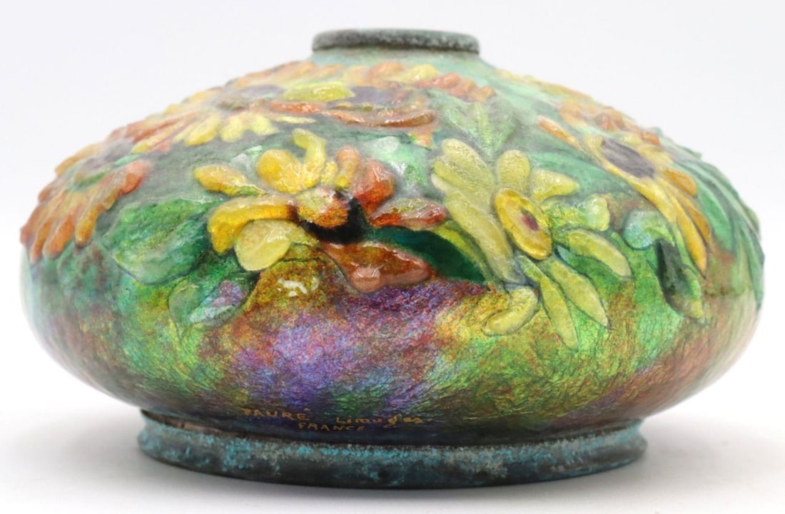 Camille Faure` Enamel Wide 'Sunflower' Vase (1 of 7)