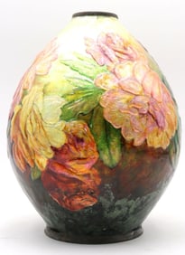 Camille Faure` Polychrome Enamelled Copper 'Pink Rose' Vase