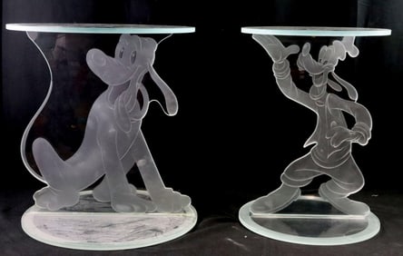 Pair of Etched Glass "Goofy" & "Pluto" Side Tables
