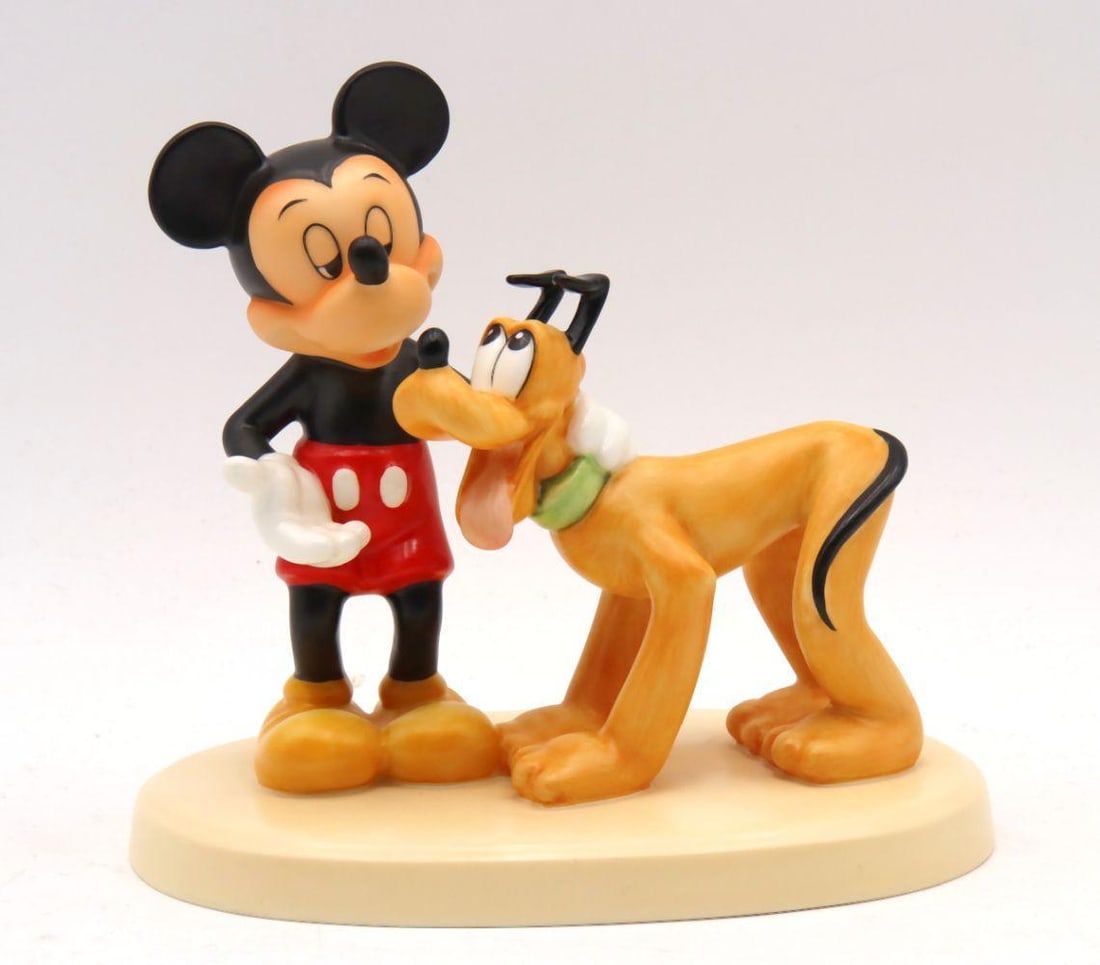 Disney Goebel "Mickey & Pluto" Porcelain Figurine: Disney Goebel “Mickey & Pluto” Porcelain Figurine Description: A finely modeled Disney Goebel porcelain figurine titled “Mickey & Pluto.” This charm