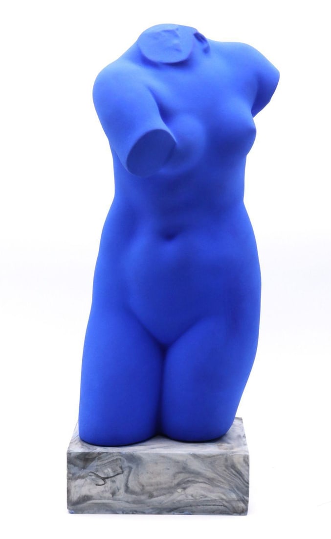 After Yves Klein "Venus Torso" Sculpture: After Yves Klein Rabos (20th/21st Century) Venus Torso in International Klein Blue Pigment and resin on marbleized base, signed “Rabos” to lower edge of figure. Height