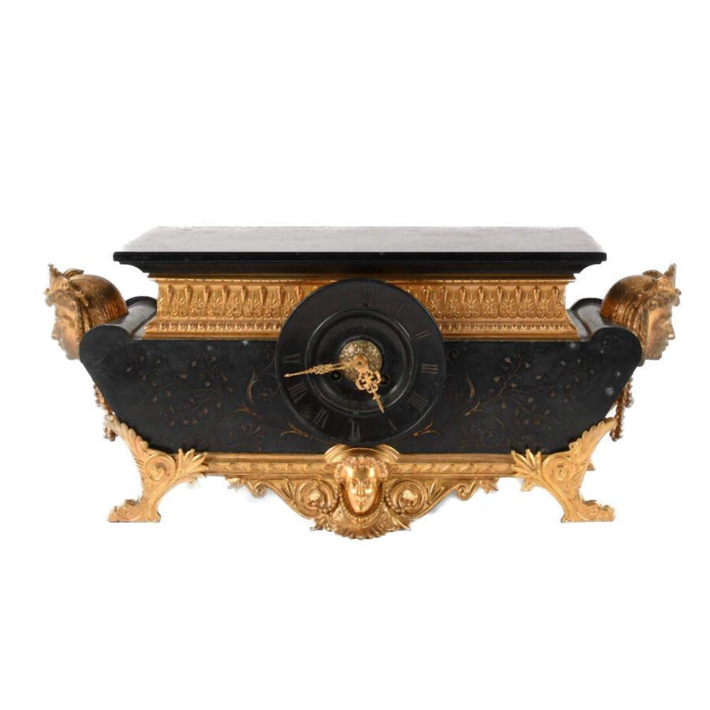 Antique French Egyptian Revival Bronze & Marble Clock (1 of 9)