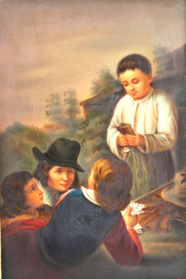 19th C. German "Boys Playing Cards" Hand Painted Porcelain Plaque (1 of 4)