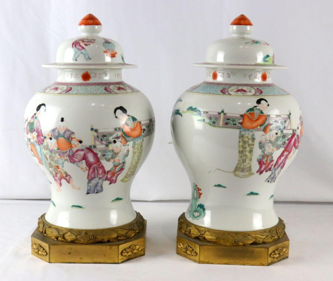 Pair of Chinese Porcelain & Bronze Famille Rose Covered Jars  (1 of 6)
