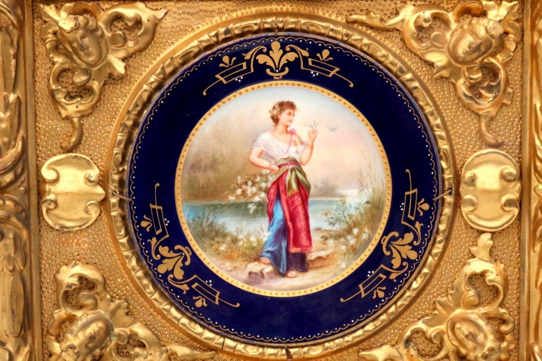 Royal Vienna Hand Painted Porcelain Plate in Original Frame: Signed Royal Vienna Oil-Painted Porcelain Plaque Signed R. Heitz lower right, late 19th century Oil on porcelain, rectangular, mounted in an ornate giltwood frame. Dimensions: 14 x 12 i