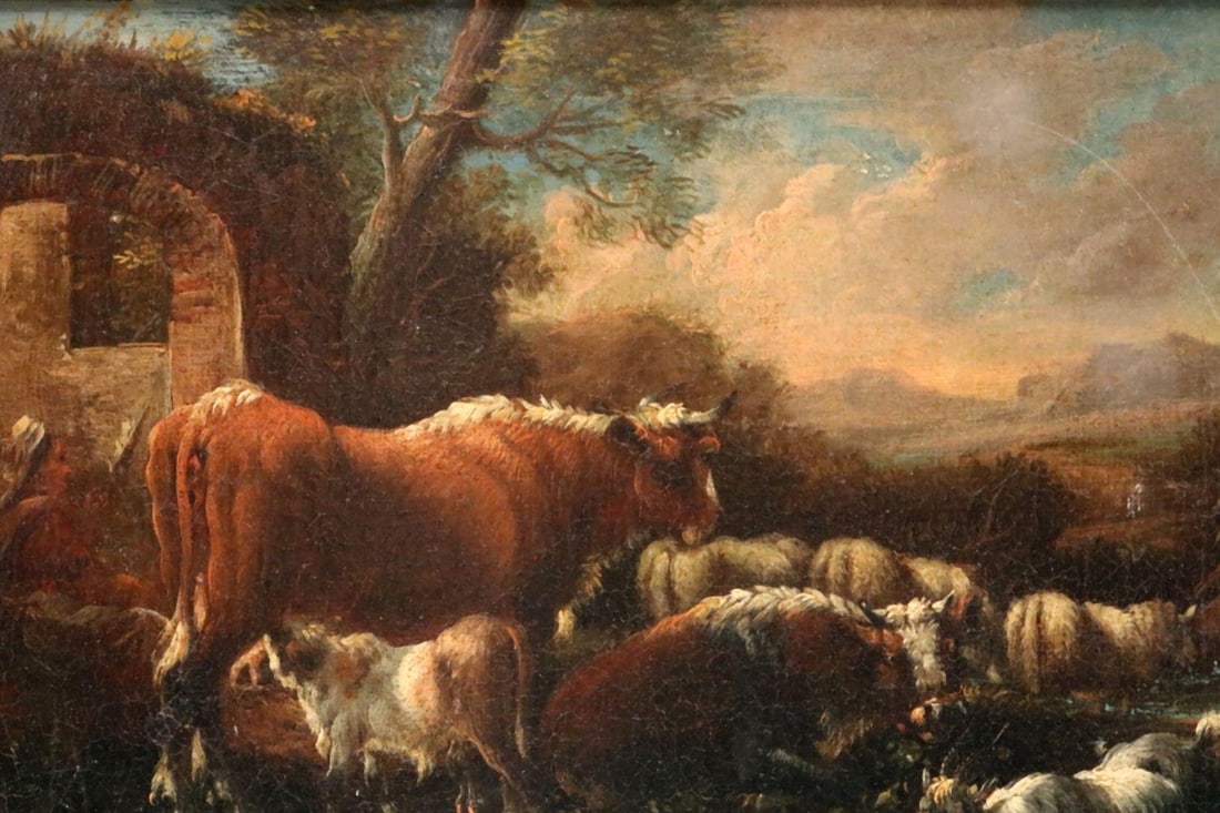 17th C. Circle of Dirck Van Bergen, Pastoral Landscape Oil on Canvas (1 of 6)