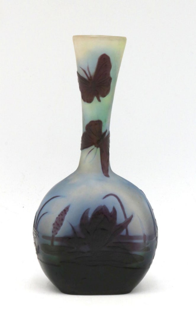 Emile Galle "Aquatic Butterfly" Glass Vase: ÉMILE GALLÉ (FRENCH, 1846–1904) Cameo Glass “Aquatic Butterfly” Banjo Vase Cameo glass, acid-etched and wheel-carved 6 x 3½ x 2 in. (15.2 x 8.9 x 5.1 cm) Signed “Gallé” along lower side<