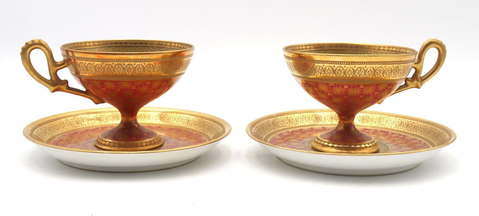 Pair of Maison Dubois Delahaye Porcelain Teacup & Saucers: MAISON DUBOIS DELAHAYE (Tours, France) Pair of Porcelain Teacups and Saucers Each stamped “Maison Dubois Delahaye Tours” Width 5 in. (12.7 cm); Diameter 4 in. (10.2 cm); Height 3 in. (7