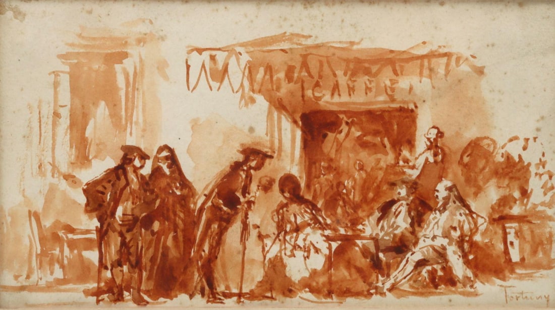 Attr. Mariano Fortuny Marsal Pen and Sepia on Paper: Attr. Mariano Fortuny y Marsal (Reus 1838–1874 Rome) Figures Before a Café Tent Pen and sepia wash on paper 6½ × 4 in. (16.5 × 10 cm); with frame 13 × 11 in. (33 × 28 cm)