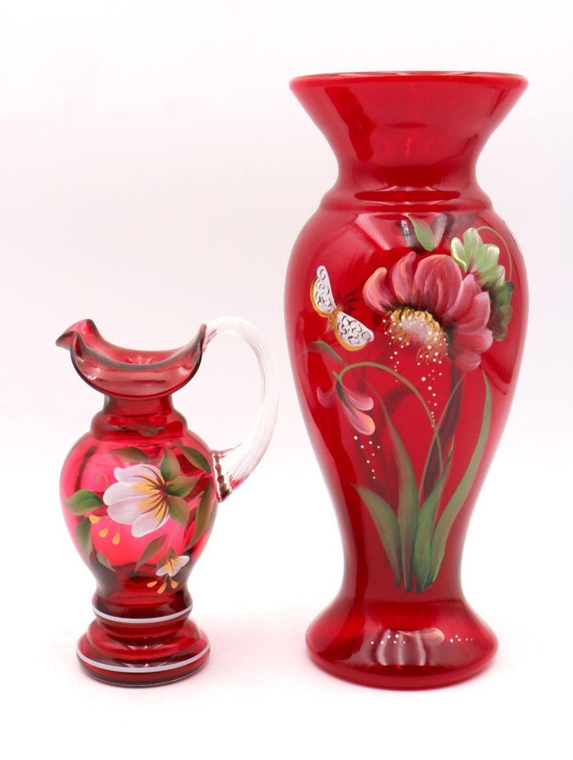 Fenton Art Glass Cranberry Pitcher & Vase Set (1 of 5)
