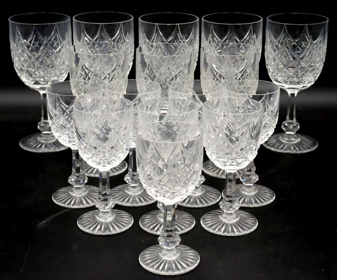 16 Pc. Baccarat "Colbert" Wine Glass Crystal Set: 16 Pc. Baccarat (French, France) “Colbert” Wine Glass Service Comprising: 8 Port Wine glasses (5 in. high, 2? in. diam.) 3 Claret Wine glasses (6 in. high, 2? in. diam.) 5 Water Goblets (6¾ in. h