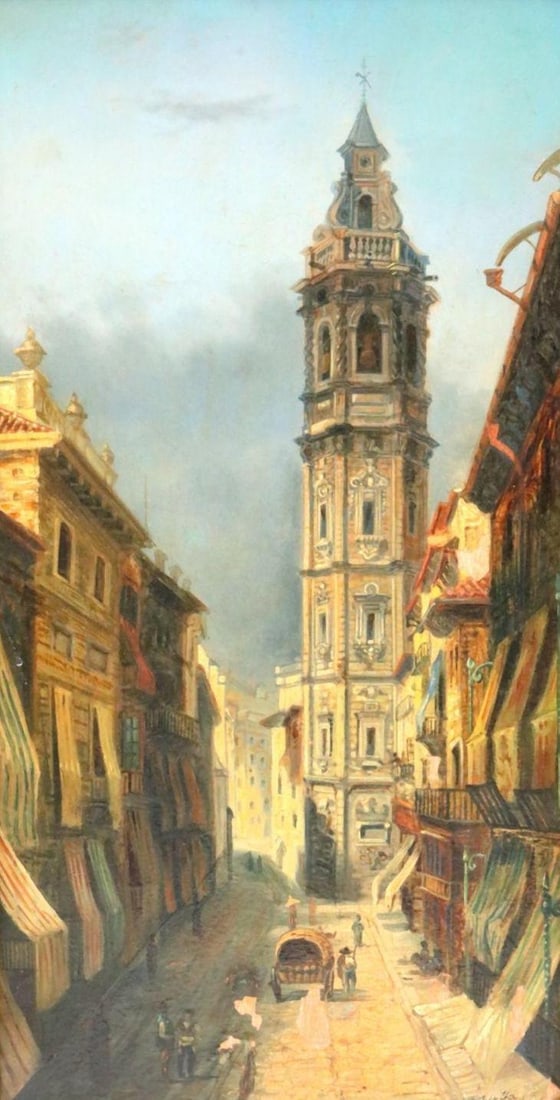 19th C. "Grenada, Spain" Oil Painting on Board : “Granada, Spain” — A 19th Century Oil Painting on Board Illegibly signed lower right Oil on board, housed in a gilt wood frame. Sight: 6¼ x 11½ in. (15.9 x 29.2 cm) Overall (with f