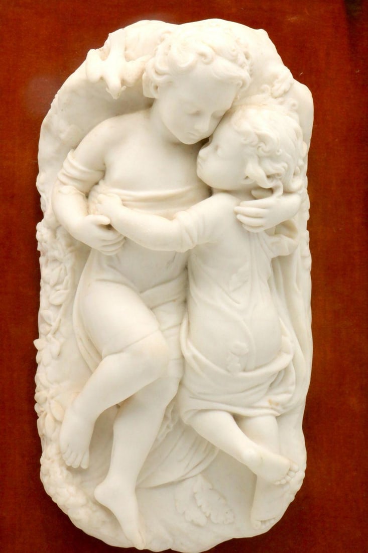 Vintage Framed Bisque Porcelain Cherub Sculpture (1 of 4)