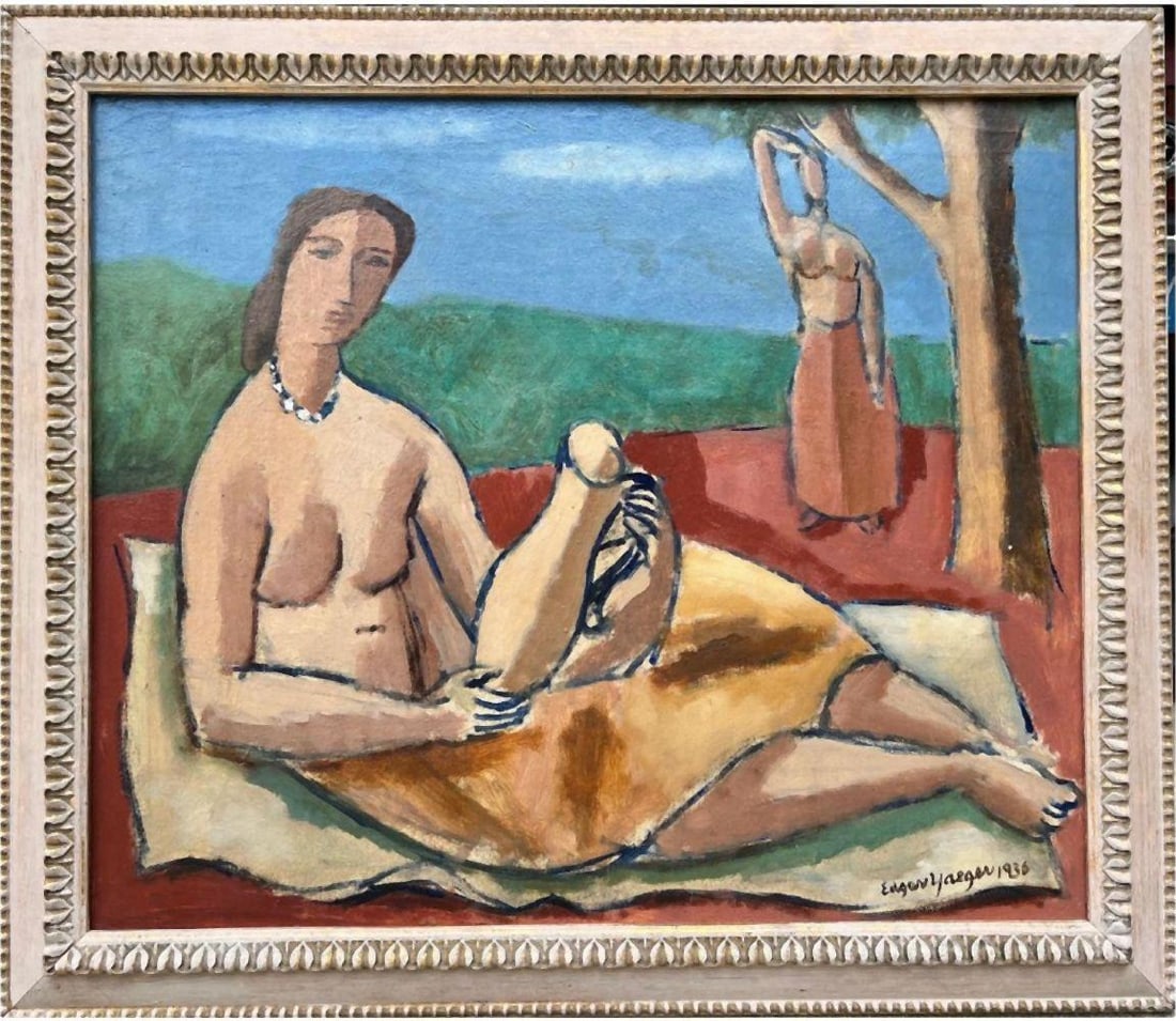 Edgar Louis Yaeger (American, 1904–1997) Oil on Canvas: Edgar Louis Yaeger (American, 1904–1997) Maja with Vase, 1936 Oil on canvas 21 x 25 in. (53.3 x 63.5 cm) Total with frame - 25 1/2 x 29 Executed in the mid-1930s, Maja with Vase e