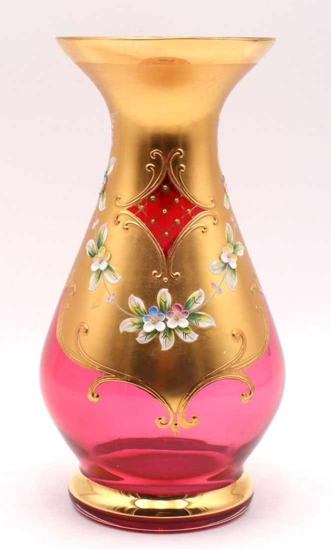 Vintage Cranberry Art Glass & Gilt, Enamel Vase (1 of 5)