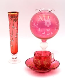Lot of 3 Cranberry Art Glass Vases and Cup and Saucer