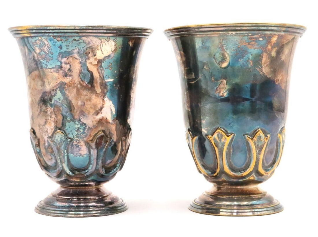Pair of Silver Plated Footed Horse Shoe Goblets: A Pair of Silver-Plated Footed Horseshoe Goblets Possibly German or Austrian, Mid-20th Century Each of tapering, tulip-form design rising from a circular foot adorned with cast horseshoe motifs, th