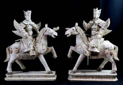 Large Chinese Warrior Carved Bone Sculptures