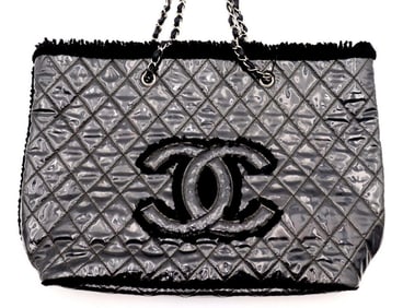 Chanel Black Tweed Polyvinyl Double Chain Tote Bag