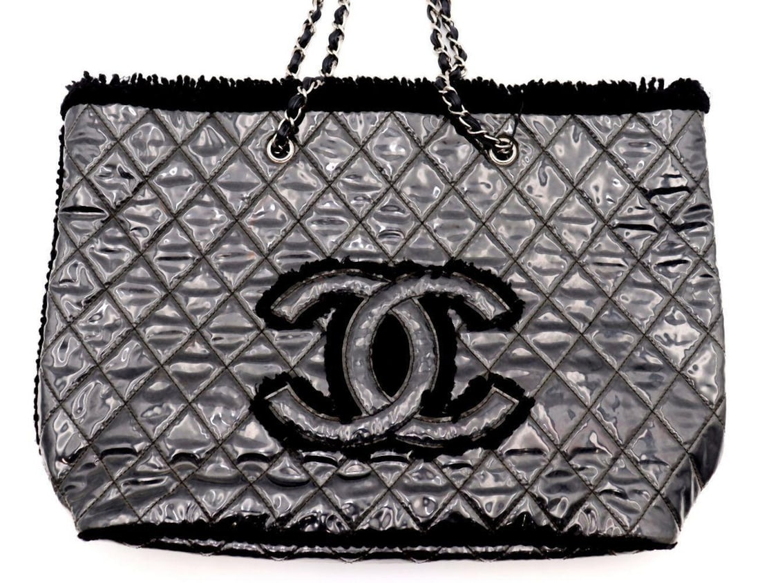 Chanel Black Tweed Polyvinyl Double Chain Tote Bag (1 of 4)