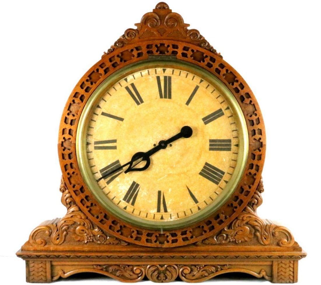 Large American Carved Oak Train Station Clock (1 of 7)