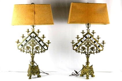 Pair of 20th C. Gilt Bronze Gothic Revival Lamps