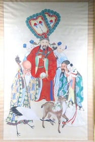 Early 20th C. "Three Star Gods" Polychrome Oil Painting on Silk