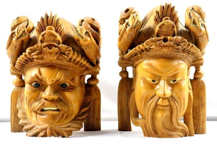 Pair of Chinese Carved Wooden Guardian Masks
