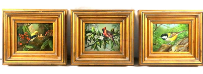 3 Pc.T. Chandra & Ponsett "Songbirds" Oil Painting on Board