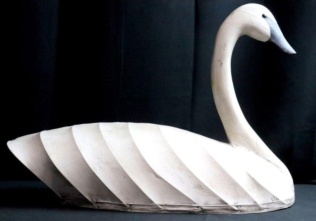 Late 19th C. Carved Wood & Canvas Garden Swan: CARVED WOOD AND CANVAS GARDEN SWAN, AMERICAN, 19TH CENTURY Measurements: Length: 29 in. Width: 11 in. Height: