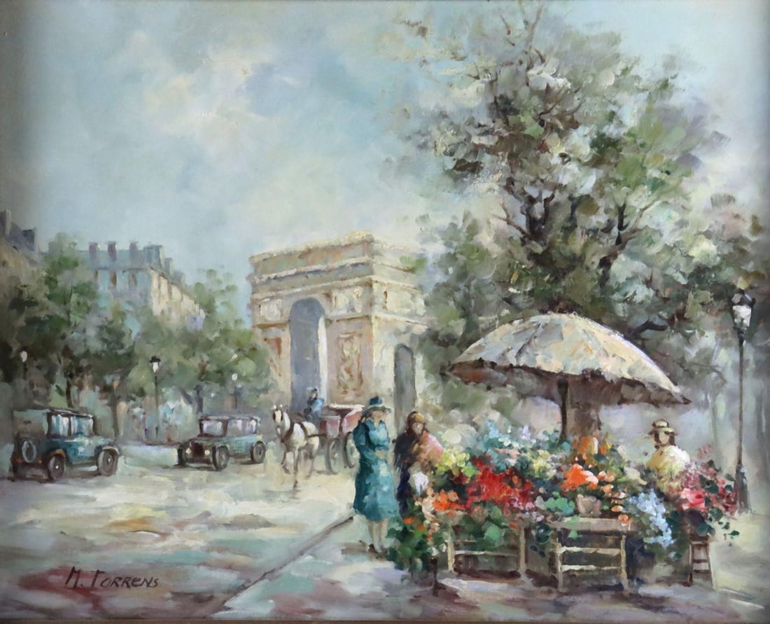 Monserrat Torrens (Spanish, b. 1933) Oil Painting on Canvas: Monserrat Torrens (Spanish, b. 1933) Street Scene with Flower Vendor Mid to Late 20th Century Oil on Canvas, Signed Lower Left Canvas Approx. 24 in. × 30 in.; Framed Approx. 36 3/4 in. × 31 
